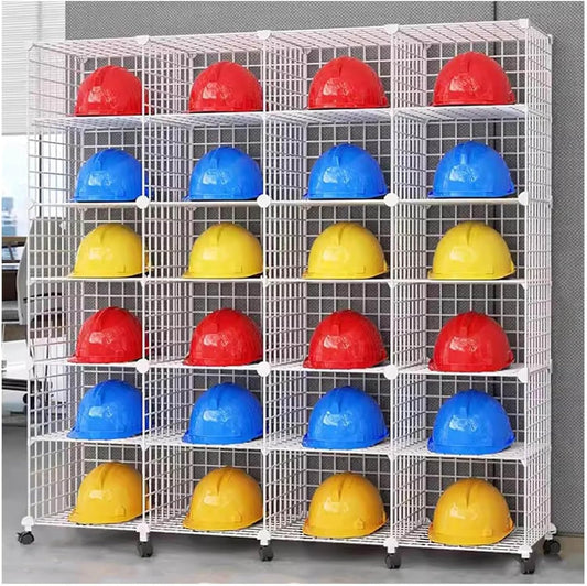 Stackable Safety Helmet Storage Boxes, Large Adjustable Hard Hat Placement Organizer Rack,with Wheels,for Construction Site/Garage/Workshop/Factory Helmet Display Shelf (White, 24 Grids-4 * 6)