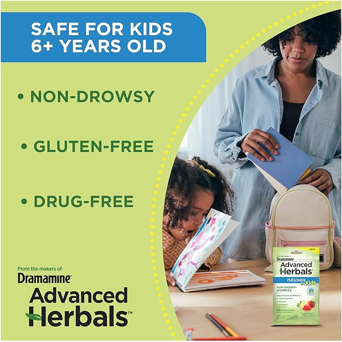 Advanced Herbals Kids Gummies, from The Makers of Dramamine, Nausea Relief and Motion Sickness Relief for Kids, Strawberry and Ginger Flavor, 20 Ct