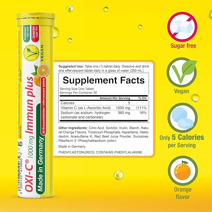 T&D Oxi C 1000 mg Vitamin C - 100 Vegan Drink Effervescent Tablets - Orange Flavor - Made in Germany