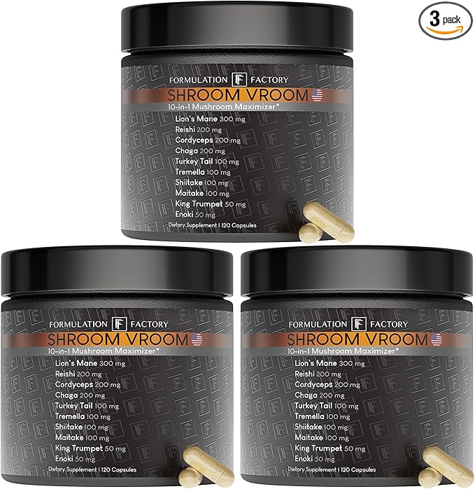 Shroom Vroom: 10-in-1 Mushroom Supplement, Lion’s Mane, Reishi, Cordyceps, Chaga, Turkey Tail, Tremella, Shiitake, Maitake, King Trumpet & Enoki, Brain Boost, Immune Support (360 count Pack of 3)
