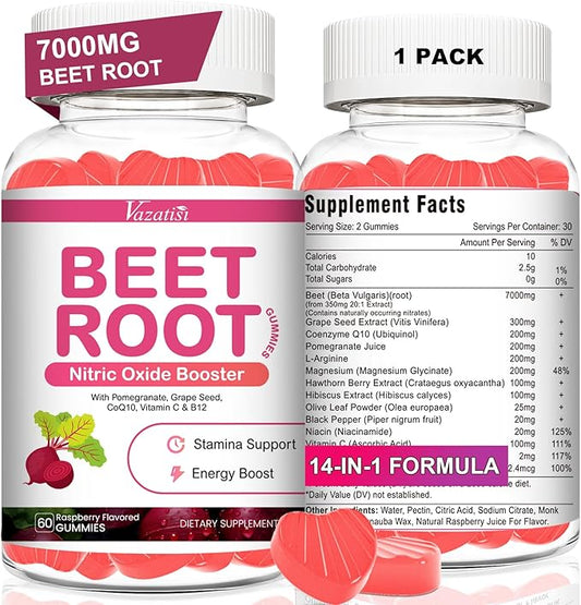 Beet Root Gummies 7000MG – Nitric Oxide Beetroot Gummies with Coq 10, Grape Seed, Pomegranate for Circulation & Energy Support – Vegan, Non-GMO, 60 Beet Chews
