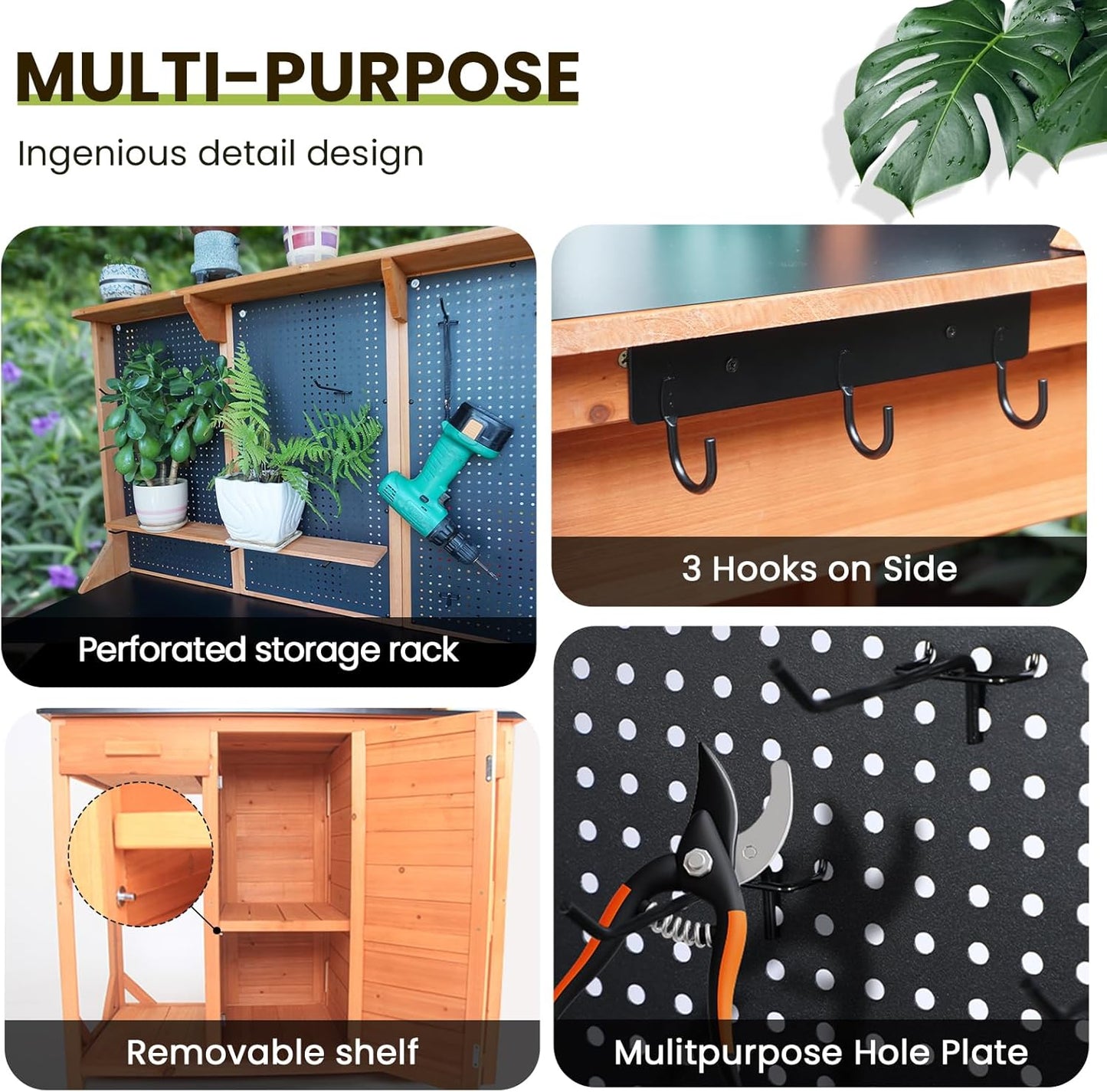 Outdoor Garden Potting Bench, Horticultural Wooden Workstation Table with Storage Drawer, Cabinet, Metal Pegboard, Adjustable Hooks and Shelves for Backyard, Patio, Greenhouse