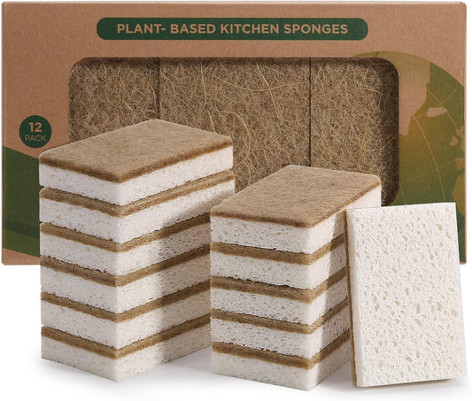 Natural Sponges for Dishes 12 Pack - Keep Soap Biodegradable Kitchen Sponge Compostable Coconut Scrubber - Eco Friendly Cleaning Sponges