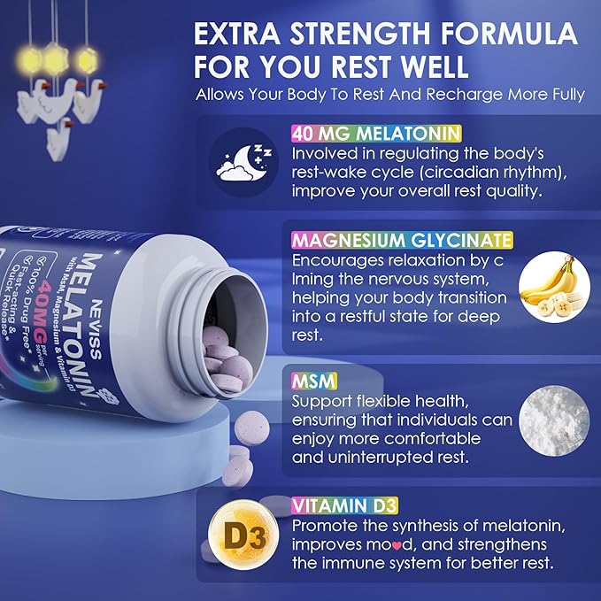 Melatonin 40 mg for Adults - Fast Dissolve & Chewable Sublingual Sleep Supplement - Extra Strength Melatonin with Vitamin D3 & MSM, Selenium for Health Rest Cycle, Deep Zzzs, Sugar-Free, 180 Servings