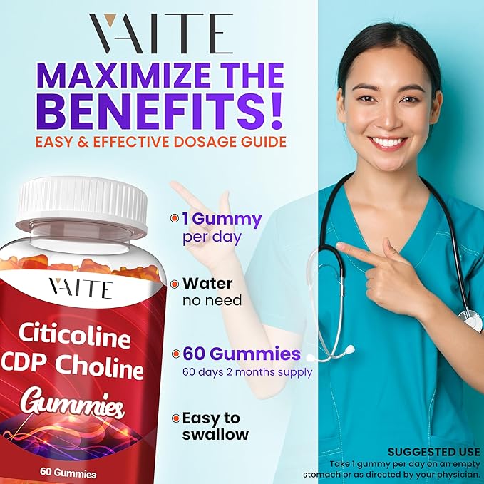 Citicoline 1000mg Supplements – CDP Choline for Brain Support, Memory, Focus & Mental Performance – Helps Maintain Clarity & Concentration – for Adults – Non-GMO, Vegan, 60 Gummies