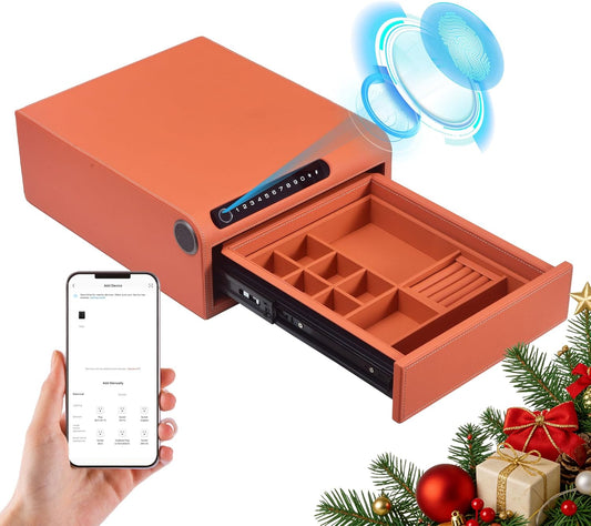 Biometric Fingerprint safe, Slide-Away Handgun Safe for Pistols, Leather Wrapped Jewelry Storage Safe, Drawer Safe for Home,Digital Keypad & Quick-Access Drawer (Orange-1 Drawer)