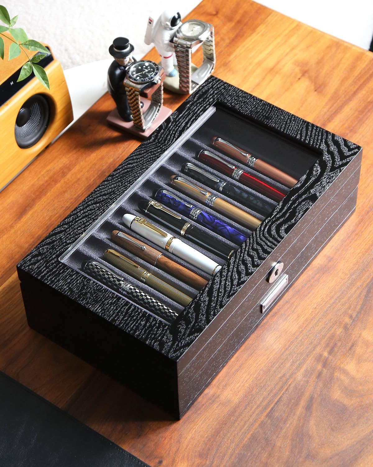 Wood Pen Display case 24 Slot Fountain Pen Box Storage Organizer with Drawer, Top Glass Window Pen Collection Display Case
