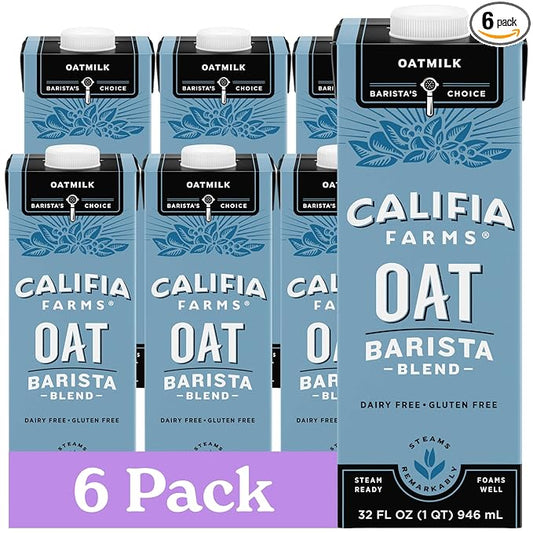 Califia Farms - Oat Barista Blend Oat Milk, 32 Oz (Pack of 6), Shelf Stable, Dairy Free, Plant Based, Vegan, Gluten Free, Non GMO, High Calcium, Milk Frother, Creamer, Oatmilk
