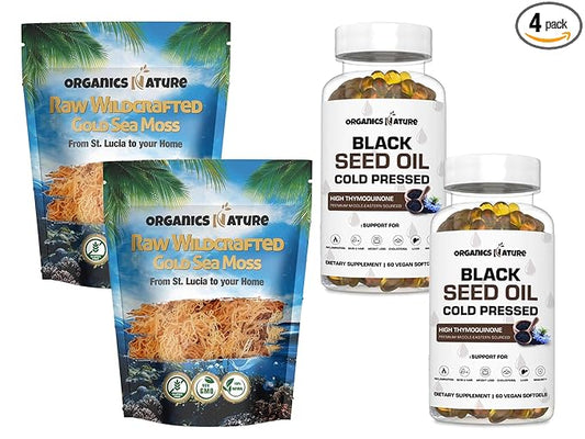 ORGANICS NATURE Dried Sea Moss Wildcrafted (2 Bags) & Black Seed Oil Capsules (2 Bottles) | Raw Gluten-Free, for Lung Detox, Immune System Support | Softgels, for Hair, Skin, Heart, Nigella Sativa