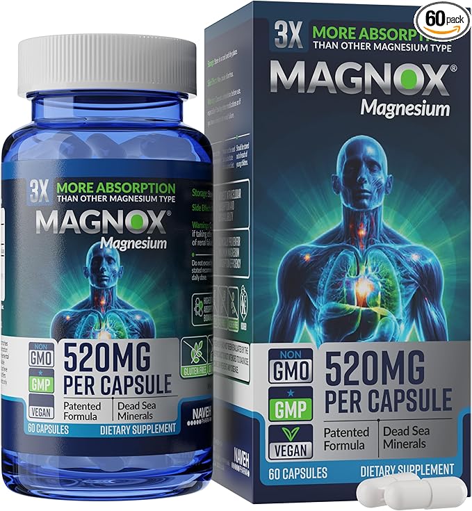 MAGNOX® 520 | Magnesium Supplement 520mg of High Absorption Magnesium for Men & Women with Dead Sea Minerals | 3X More Absorption | Patented Formula |