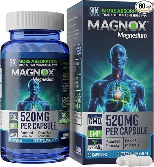 MAGNOX® 520 | Magnesium Supplement 520mg of High Absorption Magnesium for Men & Women with Dead Sea Minerals | 3X More Absorption | Patented Formula |