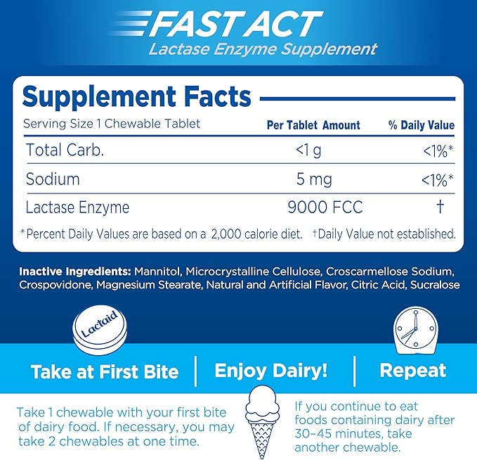 Lactaid Fast Act Lactose Intolerance Relief Chewables with Natural Lactase Enzyme to Prevent Gas, Bloating & Diarrhea Due to Lactose Sensitivity, On-the-Go, Vanilla Twist Flavor, 60 x 1 ct