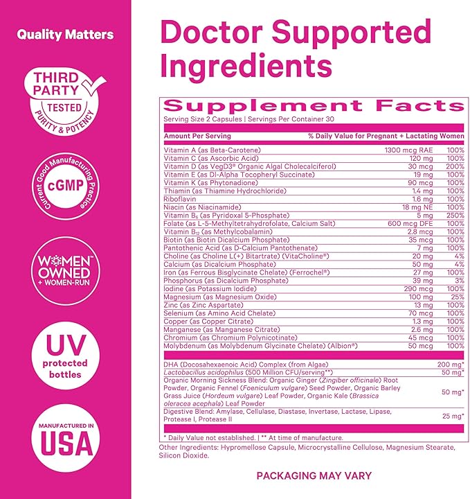 Pink Stork Premium Prenatal Vitamin for Women - Multivitamin & Probiotics - Morning Sickness, Digestion, & Energy - Folate, B6, & Iron - 60 Capsules - 2 Pack