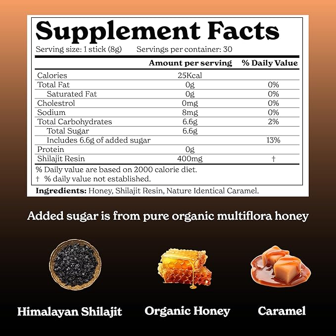 Pure Himalayan Shilajit Caramel Honey Sticks with Organic Honey| Easy to Consume Shilajit| 30 Sticks for Energy Boost & Immune Support, 85+ Trace Minerals, 75%+ Fulvic Acid