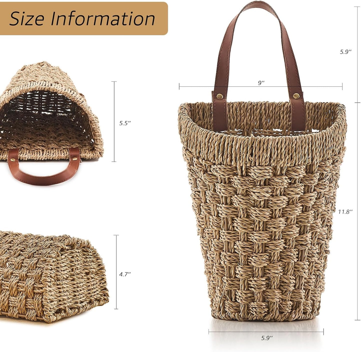 Woven Front Door Basket Seagrass Wall Hanging Basket Decorative Boho Mounted Organizer for Dried Flower Plants Storage Basket for Garden, Home, and Farmhouse Décor