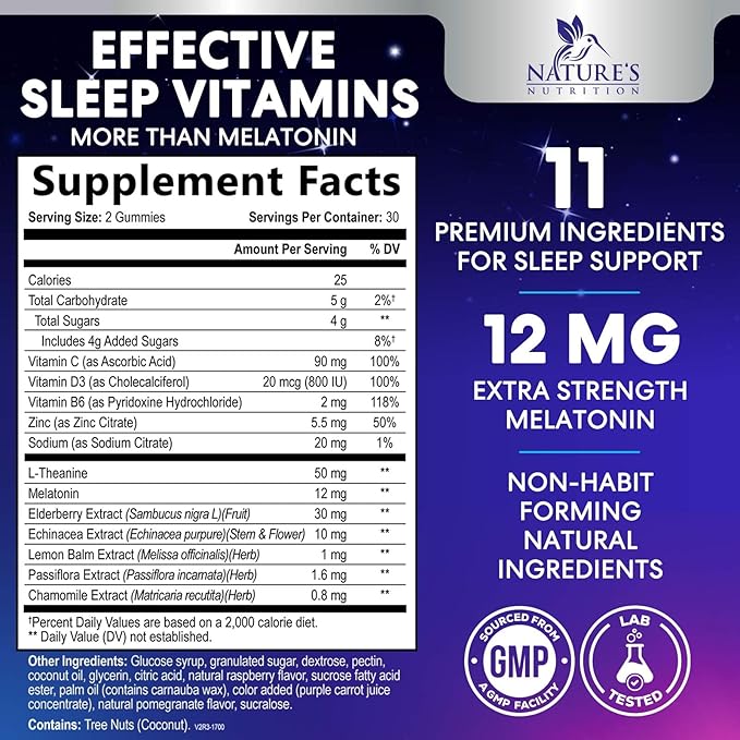 Sleep Gummies with Melatonin 12 mg - Extra Strength Sleep Vitamin Gummy, Natural Melatonin Gummy, Occasional Sleep Support Supplement for Adults, Vegan, Non-GMO, Gomitas para Dormir - 60 Gummies