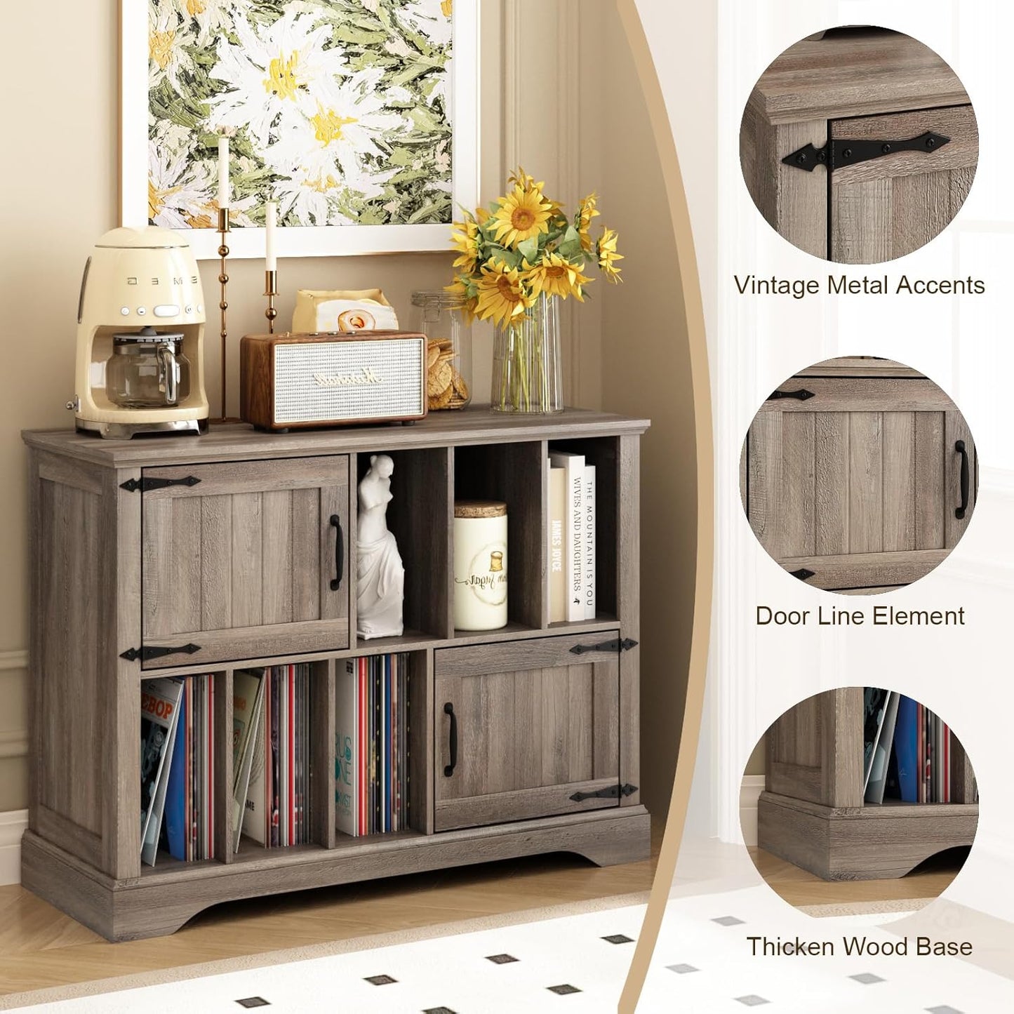 Large Record Player Stand with Vinyl Storage - 39.5" Turntable Stand Farmhouse Wood Storage Cabinet with Magnetic Doors, Stereo Media Shelf for Living Room, Office, Grey