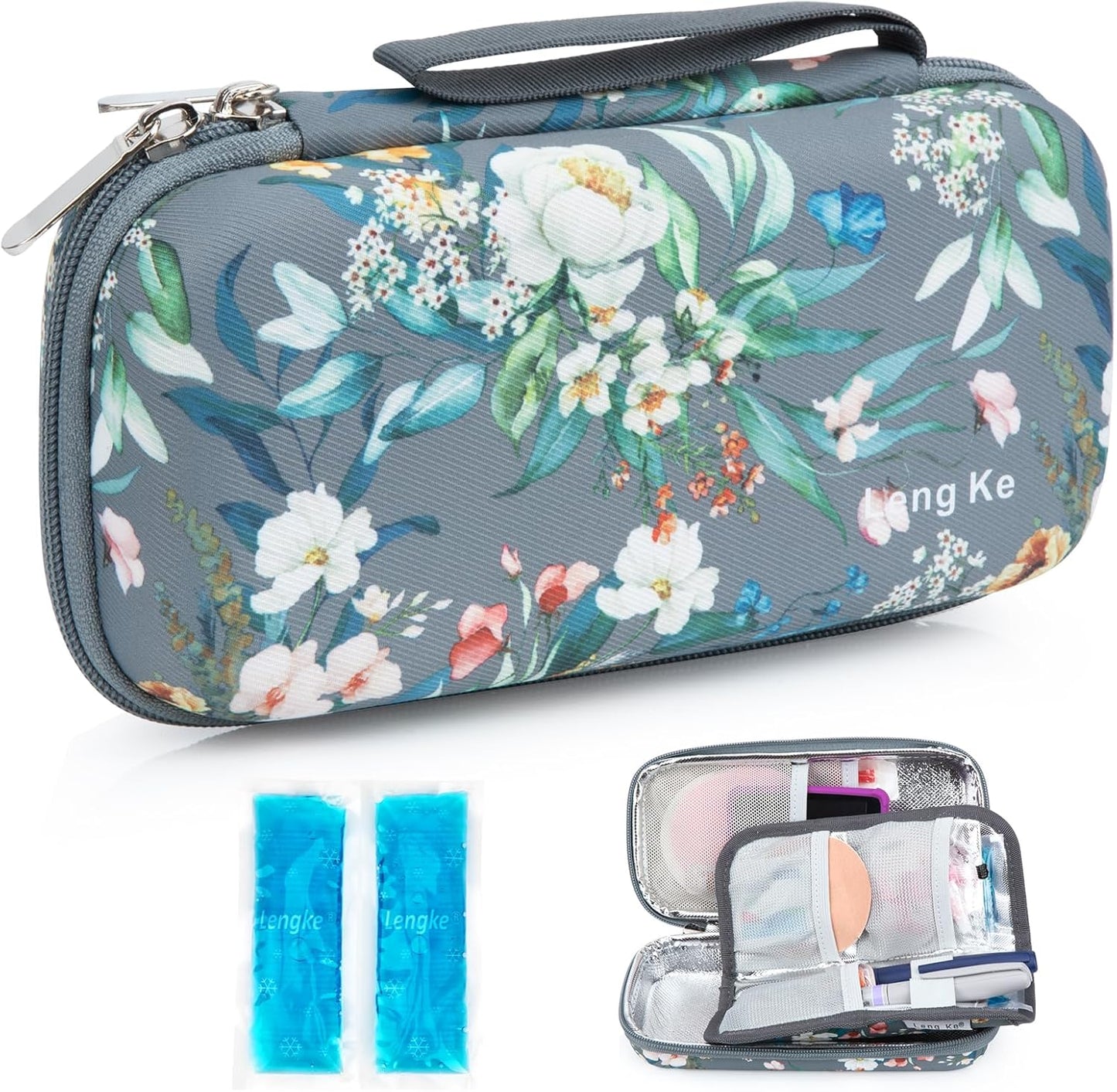 YOUSHARES Insulin Cooler Travel Case - Diabetic Insulated Organizer Portable Cooling Bag for Medication Cooling Insulation, Insulin Pen Case with 2 TSA Approved Cooler Ice Pack (Grey Gamellia)