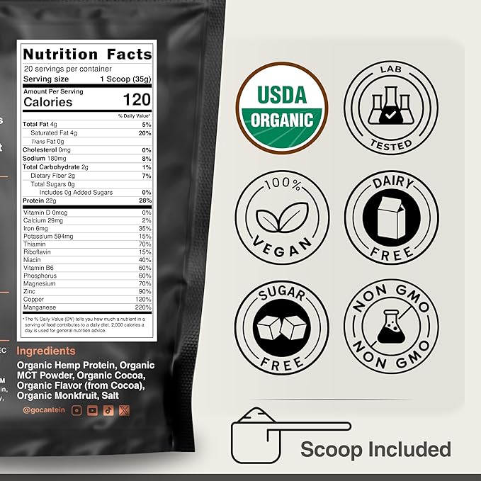 Organic Hemp Protein Powder, Plant Based and Vegan Protein Shake, Lactose and Dairy Free, Gluten Free, Clean and Natural- Chocolate (20 Servings)
