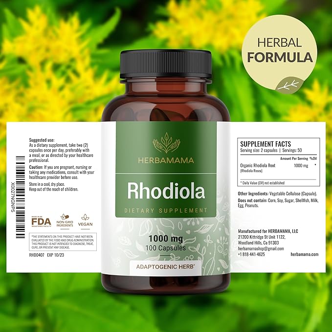 HERBAMAMA Rhodiola Rosea Supplement Capsules - 1000mg Rhodiola Rosea Extract for Relaxation, Focus & Brain Support - Vegan, Non-GMO Calming Supplement for Adults, 100 Caps