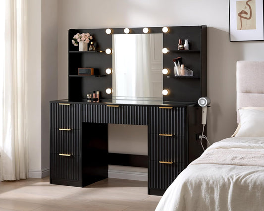 AMERLIFE 47.2" Fluted Vanity Desk with Mirror and Adjustable LED Lights, Large 7 Drawers Makeup Table with Glass Top and Charging Station for Women and Girls, Bedroom or Dorm, Black