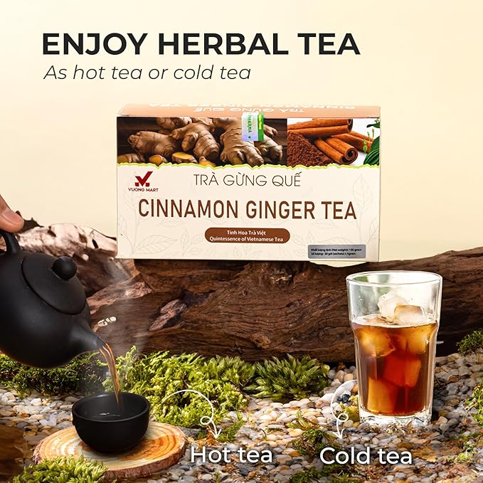 VUONGMART Dried Ginger Cinnamon Tea, 100% Pure & Hand Pick, Organic Herbal Tea, 30 Tea Bags, Gluten Free, Dairy Free, No Sugar Added & Natural, Energy Boost & Health Support
