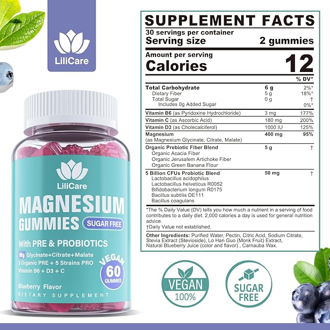 Magnesium Gummies 400mg for Women Men Sugar Free | Calm Magnesium Glycinate Citrate Malate Complex with Prebiotics & Probiotics 5 Billion CFU, Vitamin B6 D3 C | Triple Magnesium Supplement, 120Cts