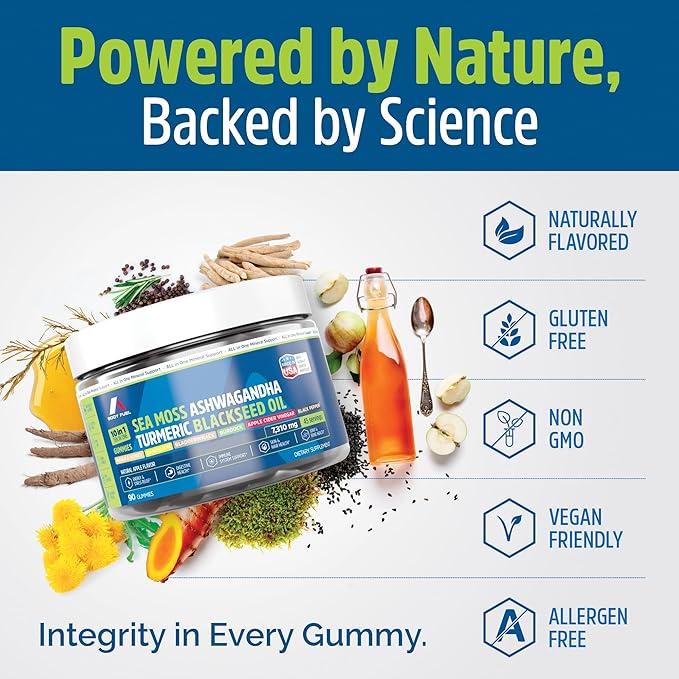 Sea Moss Gummies – 10-in-1 Formula with Black Seed Oil, Ashwagandha, Turmeric, Apple Cider Vinegar, Burdock Root, Manuka Honey and More – Vegan, Non-GMO, 90 Count, 45-Day Supply