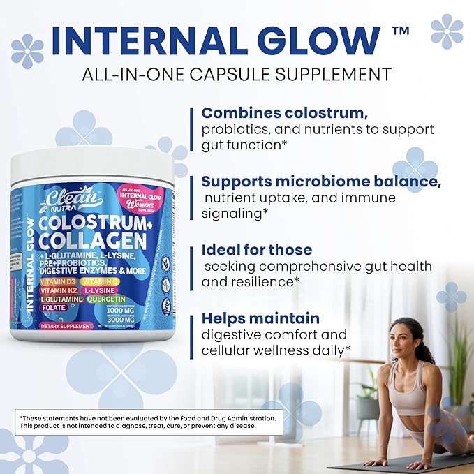 Bovine Colostrum Powder + Collagen Peptides with L-Glutamine L-Lysine Prebiotics Probiotics Digestive Enzymes Vitamin D K2 C Quercetin & Folate | Gut Health Supplement Internal Glow by Clean Nutra