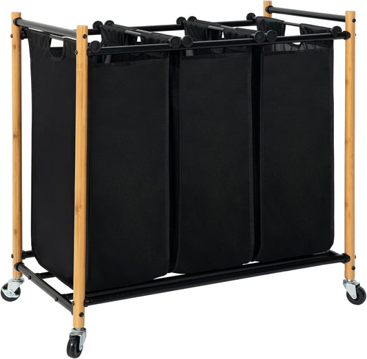 STORAGE MANIAC 3 Section Laundry Sorter, 35.9 Gal (136 L) Laundry Hamper Cart with Heavy Duty Rolling Lockable Wheels and Removable Bags, Clothes Organizer Basket Clothes Separator Hamper, Bamboo