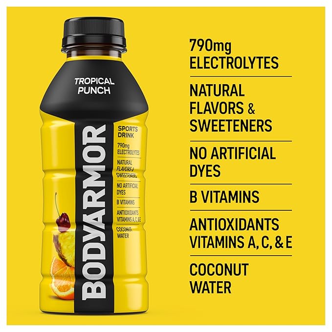 BODYARMOR Sports Drink Sports Beverage, Tropical Punch, Coconut Water Hydration, Natural Flavors With Vitamins, Potassium-Packed Electrolytes, Perfect For Athletes, 16 Fl Oz (Pack of 12)