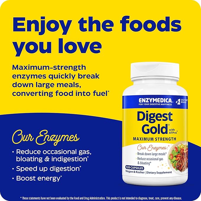 Enzymedica Digest Gold + ATPro, Maximum Strength Enzyme Formula, 14 Key Enzymes Including Amylase, Protease, Lipase and Lactase, 120 Capsules