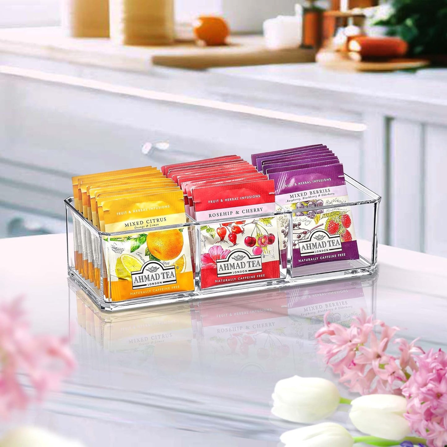 Amazing Abby - SereniTEA - Acrylic 3-Compartment Tea Bag Organizer, Clear Plastic Tea Box, 3-Slot Tea Chest, Perfect Tea Storage Solution for Kitchen Cabinet, Countertop, Pantry, and More