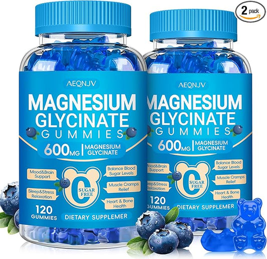 Magnesium Glycinate Gummies 600mg, Chewable Sugar Free Potassium Magnesium Gummies for Sleep, Body Support and Relaxation, Magnesium Supplements with Vitamin D, B6, and CoQ10 for Men & Women