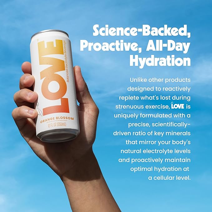 Be LOVE Balanced Electrolyte Beverage - Flavored Still Beverage for Daily Hydration, Exercise, Work & Wellness - Magnesium, Potassium & Sodium - Zero Sugar, Gluten Free (Orange Blossom, 12oz x 12ct)