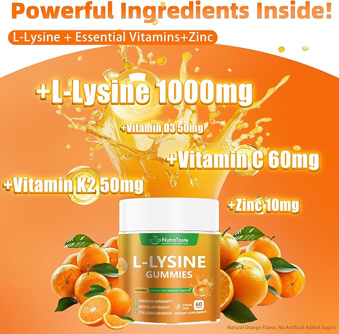 L-lysine Gummies 1000mg, Chewable Lysine Supplement with Vitamin C, D3, K2 & Zinc, Enhance Immunity, Lips & Skin Health, Collagen Growth, Sugar-Free, Gluten-Free, 60 Count (Pack of 2)