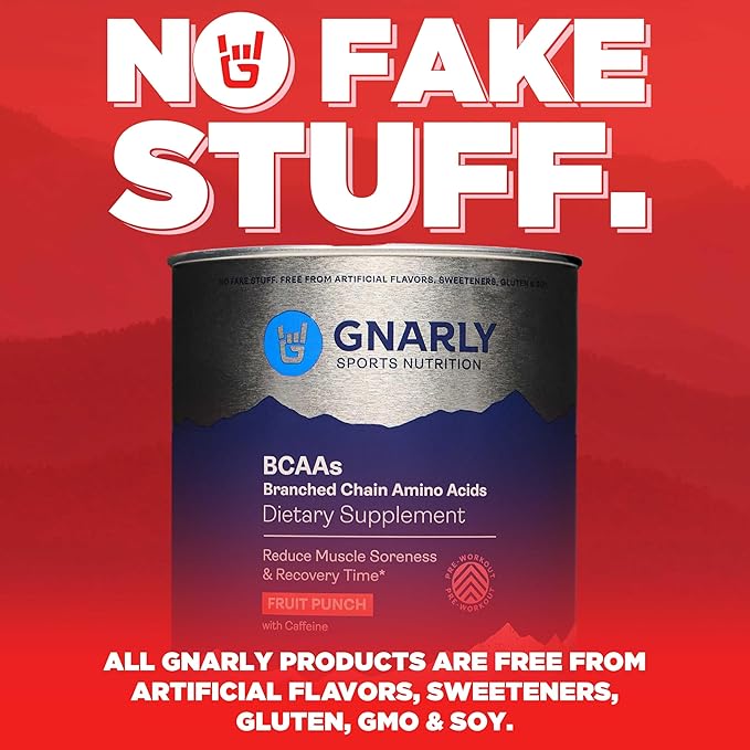 Gnarly Nutrition BCAA Powder, Fruit Punch – Pre-Workout BCAAS Amino Acids – NSF Sport Certified – Supplement to Support and Rebuild Muscle – Fruit Punch with Caffeine, 10.58 oz