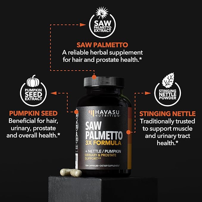 Saw Palmetto Supplement with Stinging Nettle and Pumpkin Seed Extract - Advanced 3X Formula - DHT Blocker Urinary Health and Prostate Support for Mens Health - Vegan, Non-GMO Capsules - 2 Month Supply