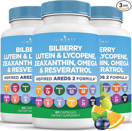 Eye Health Vitamins with Bilberry, Lutein & Zeaxanthin, Lycopene, Resveratrol, Grape Seed Extract Flaxseed Astaxanthin- AREDS 2-180 Capsules