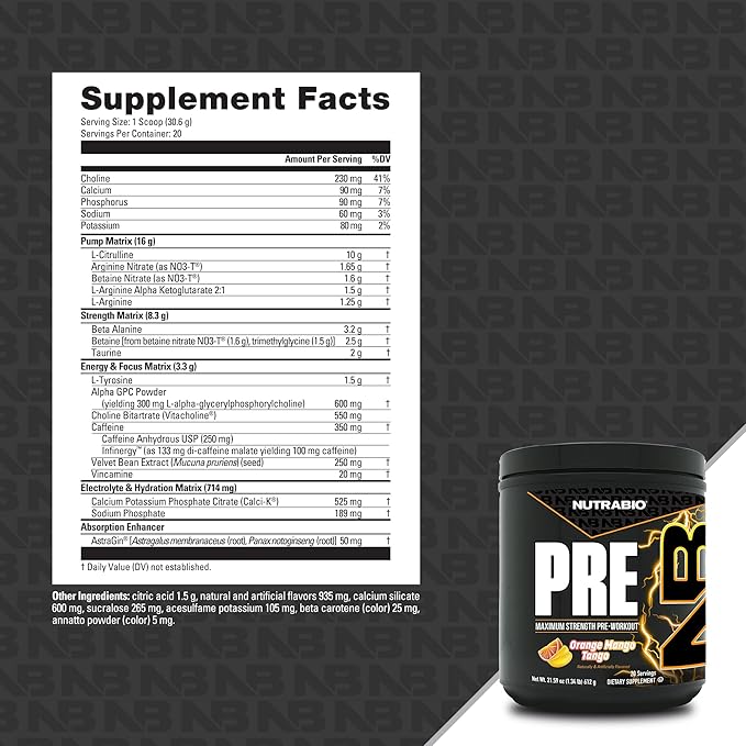 NutraBio PRE Workout Powder - New Formula- Sustained Energy, Mental Focus, Endurance - Beta Alanine, Caffeine, Electrolytes - 20 Servings - Orange Mango Tango