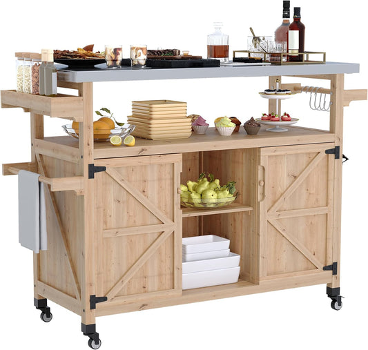Outdoor Grill Cart with Storage Cabinet, Wood Outdoor Kitchen Island on Wheels, Grill Cart Table with Stainless Steel Table Top, Spice Rack, Towel Rack & Lockable Wheels for Kitchen,BBQ, Natural