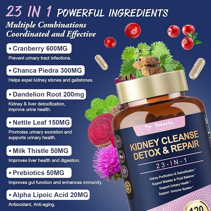 Kidney Cleanse Detox & Repair, Chanca Piedra & Cranberry Pills for Liver Support Supplement Extra Strength for Kidney Stones Dissolver, Urinary Tract Health for Woman, Vegan GMO-Free
