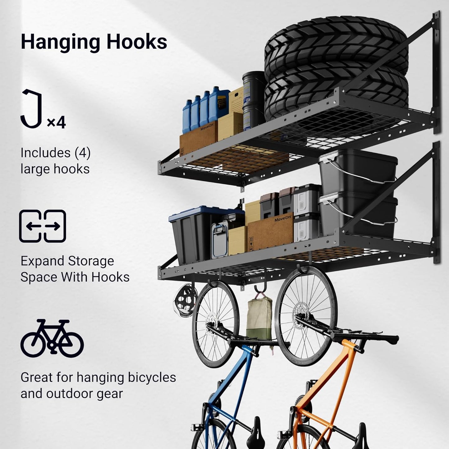 FLEXIMOUNTS 2-Pack 2x4ft Garage Wall Shelving with 4 Hooks - Heavy Duty Garage Storage System, 660 lbs Load Capacity with Brace Guardrail, Wall Mounted Organization for Bikes, Tools, Bins, Pro Series