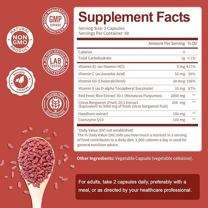 Red Yeast Rice 2,000mg with CoQ10 Supplement - Citrinin-Free Extract Red Yeast Rice Capsules with CoQ10 100 Plus Citrus Bergamot - Cholesterol Lowering Supplements 3rd-Party Tested Vegan Non-GMO