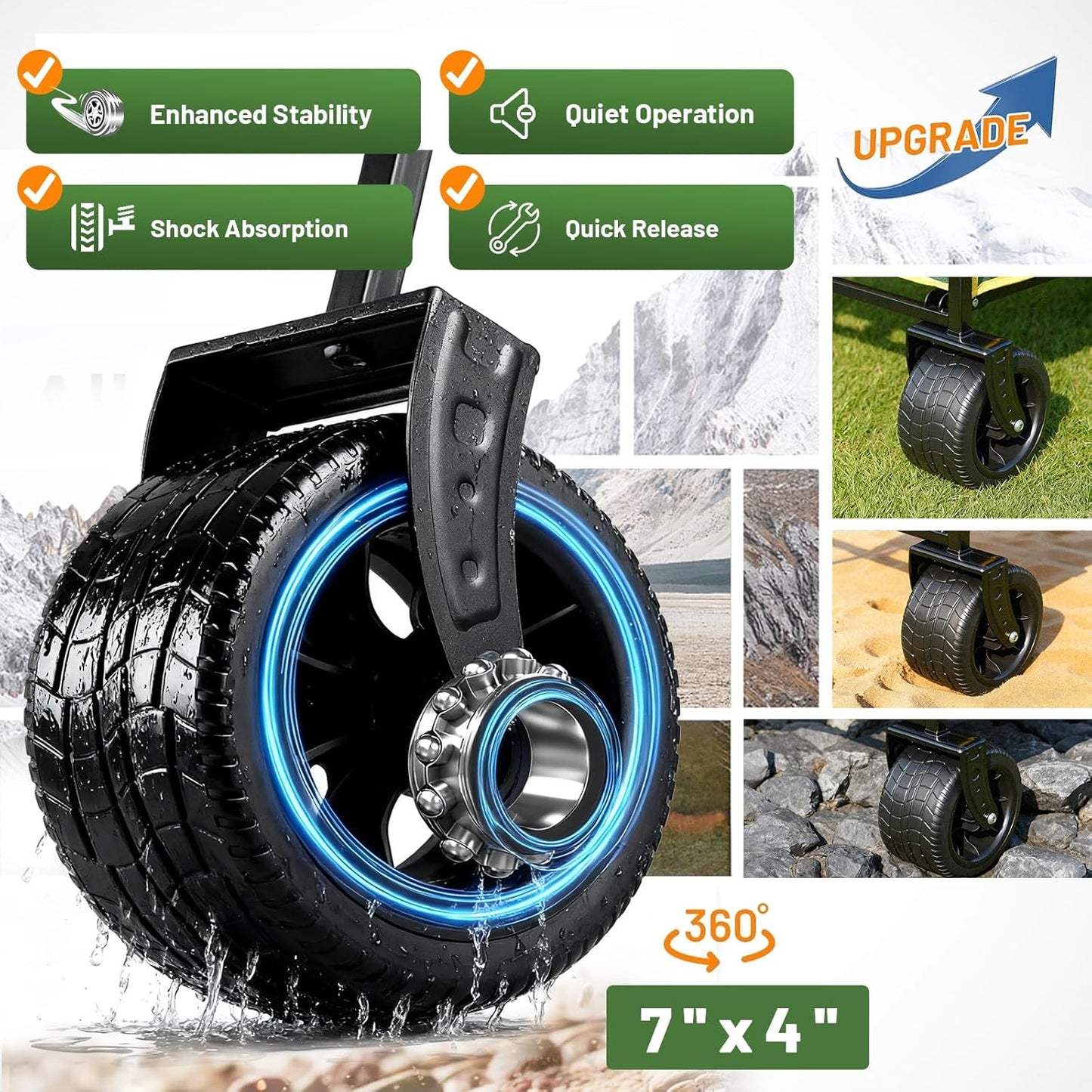 EchoSmile Collapsible Wagon Cart for Camping & Beach - Heavy Duty 400lbs Capacity All-Terrain Cart with Wide Wheels, Portable Folding Utility Wagon for Grocery, Garden, Sports,Green&Yellow