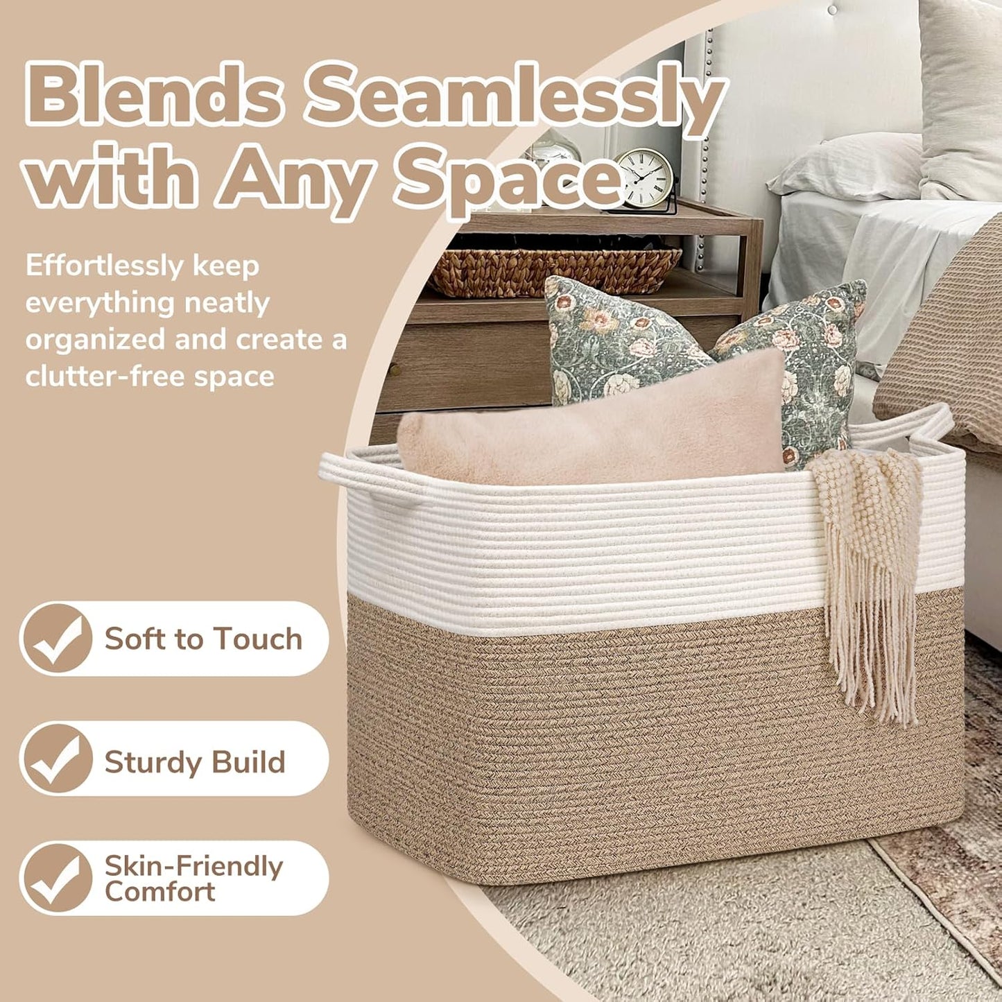 Goodpick Large Woven Blanket Basket 105L, 25"x16"x16" Cotton Rope Organizer for Toys, Dirty Clothes, Extra Large Rectangle Storage Basket for Living Room, Bedroom, White & Brown