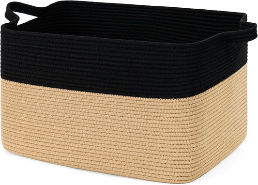 Goodpick Large Woven Blanket Basket 23.6" x 15.7" x 13.8" Cotton Rope Storage Organizer for Dirty Clothes Pillows, Wicker Storage Basket for Living Room Bedroom, Black & Jute