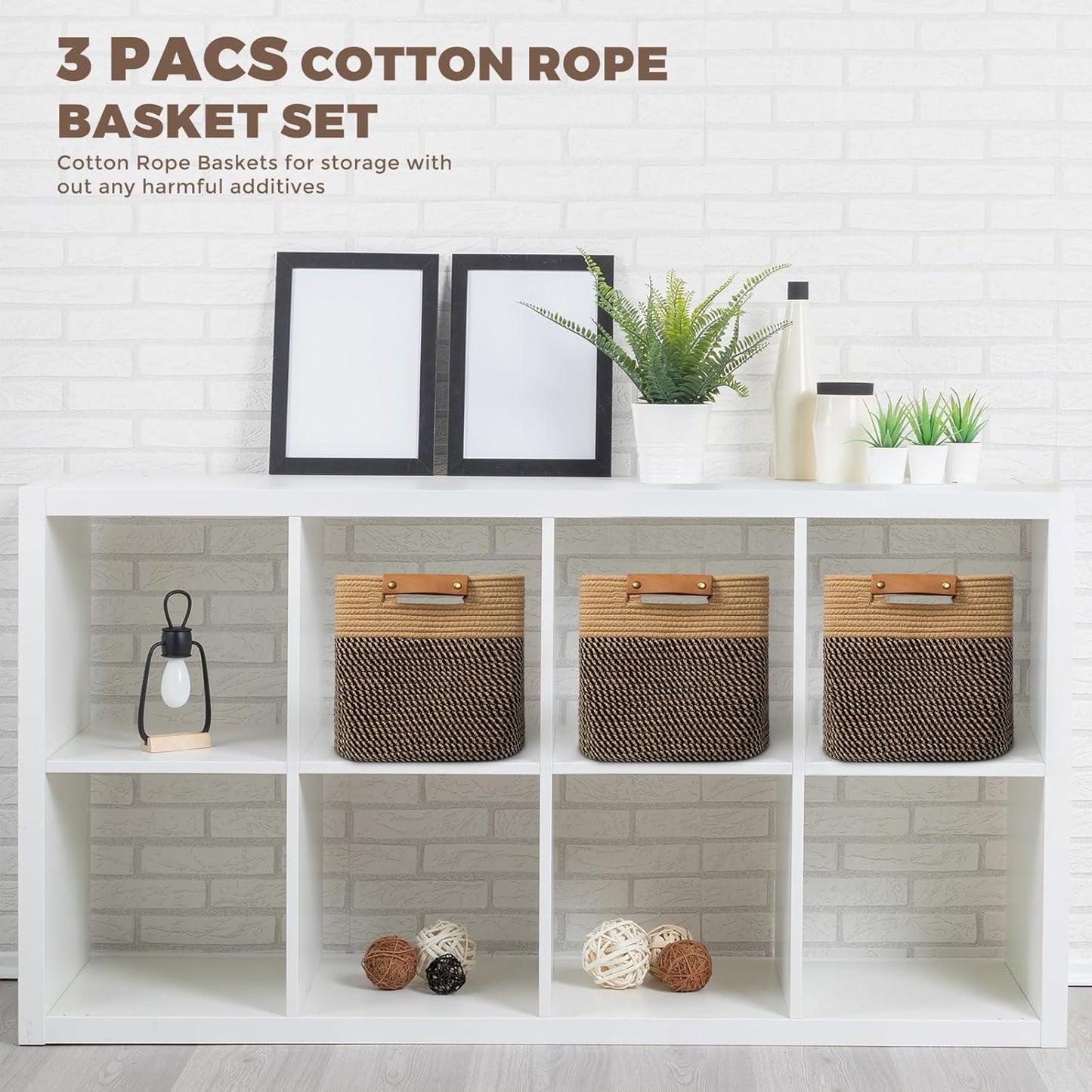 danpinera 3-Pack Cotton Rope Baskets for Storage, 11"x11" Cube Storage Cubes Store Towel, Snack, Storage Bins with Reinforced Stitching & Practical Handles, Black & Brown