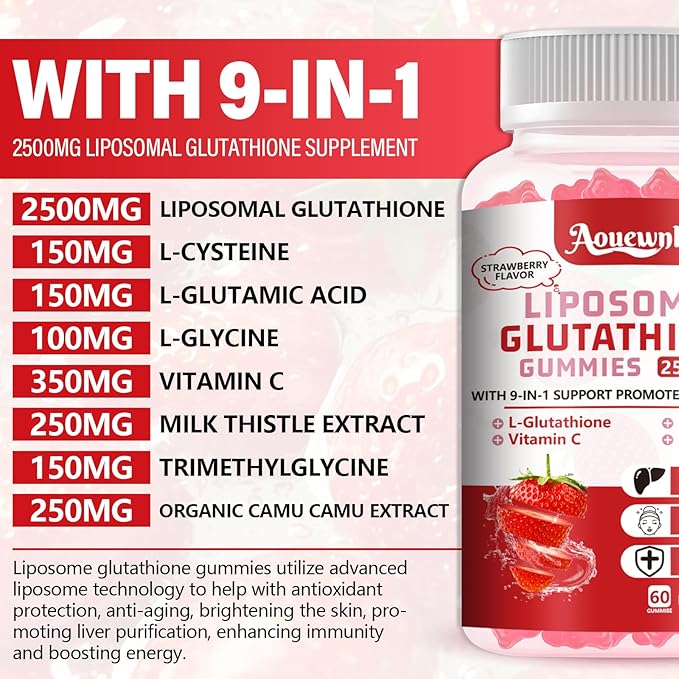 2500MG Liposomal Glutathione Gummies Supplement - Skin Whitening & Protect Liver Gummies, Increas 98% Absorption Rate, with L-Glutathione, Milk Thistle & L-Glycine, Antioxidant Anti-Aging Support