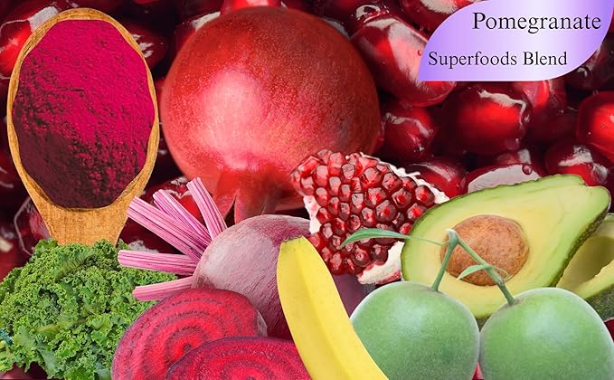 Pomegranate Superblend 100% Freeze Dried Powder Juice, Pomegranate, Avocado, Kale, Beets, Banana, Monk Fruit, No Sugar added.